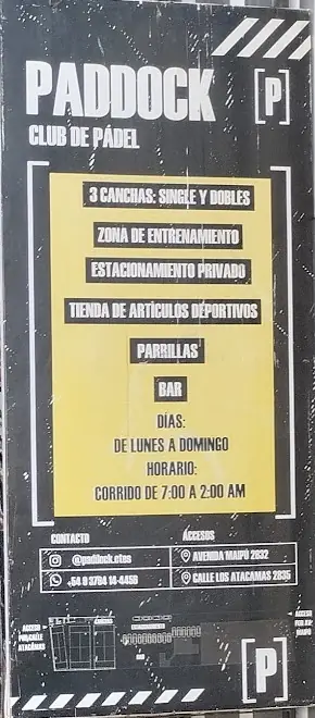 El cartel negro y amarillo de Paddock en la entrada de Av. Maipú